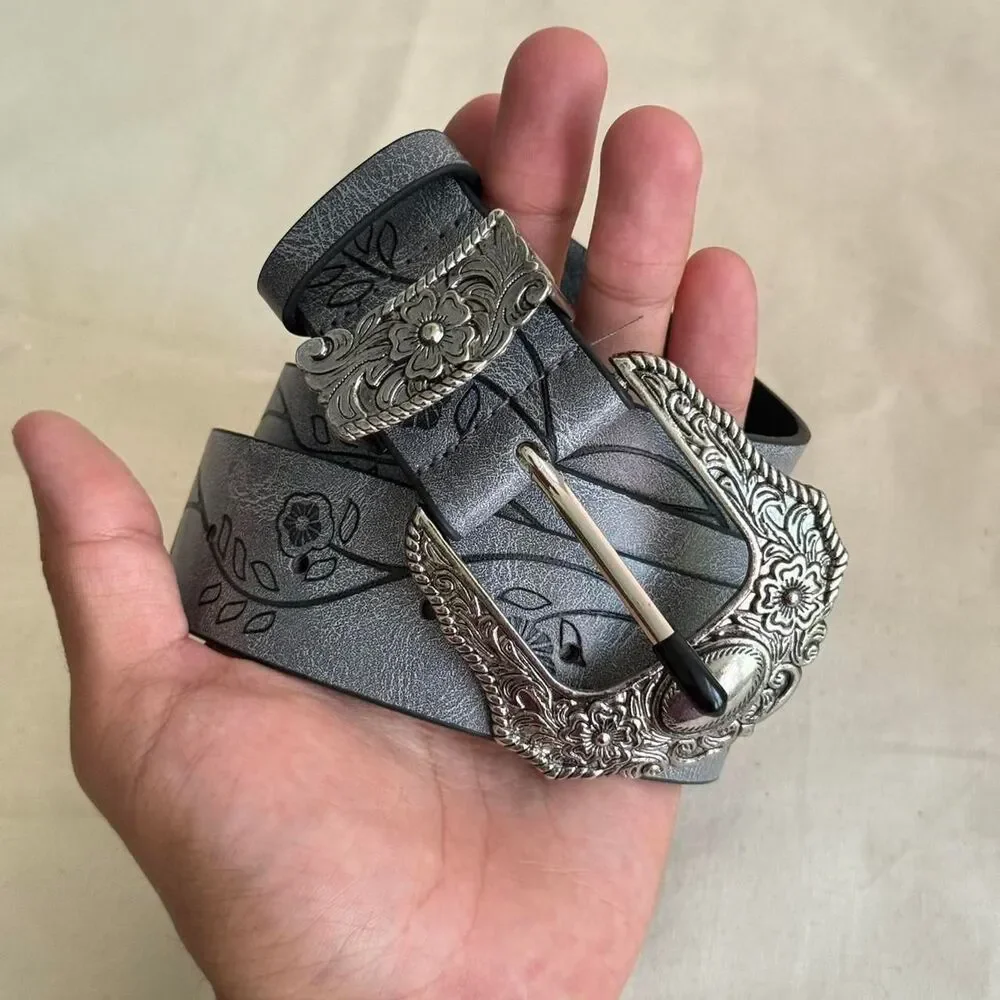 y2k style grey american western floral silver accent boho belt